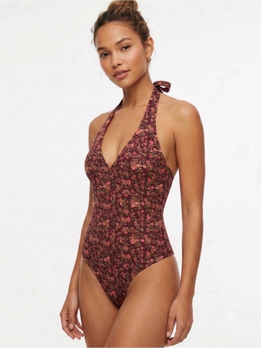 Free People Burgundy Floral Halter Bodysuit